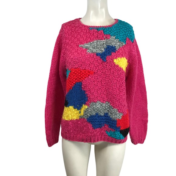 Jeff Laurent Sweaters - Jeff Laurent Vintage Hot Pink‎ Abstract Geometric Chunky Knit Sweater Crew Neck
